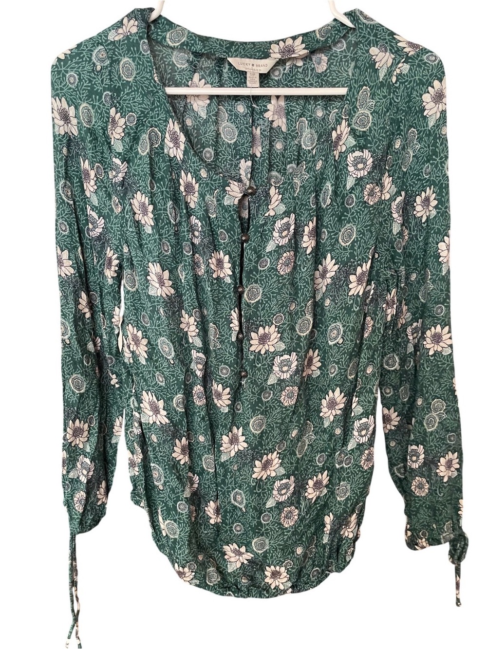 Lucky Brand Teal Green Floral V-Neck Long Sleeve Blouse